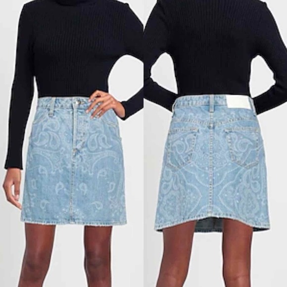 Jonathan Simkhai Indigo Blue Denim Paisley Print Mini Jean Skirt Size 24 - Picture 7 of 8